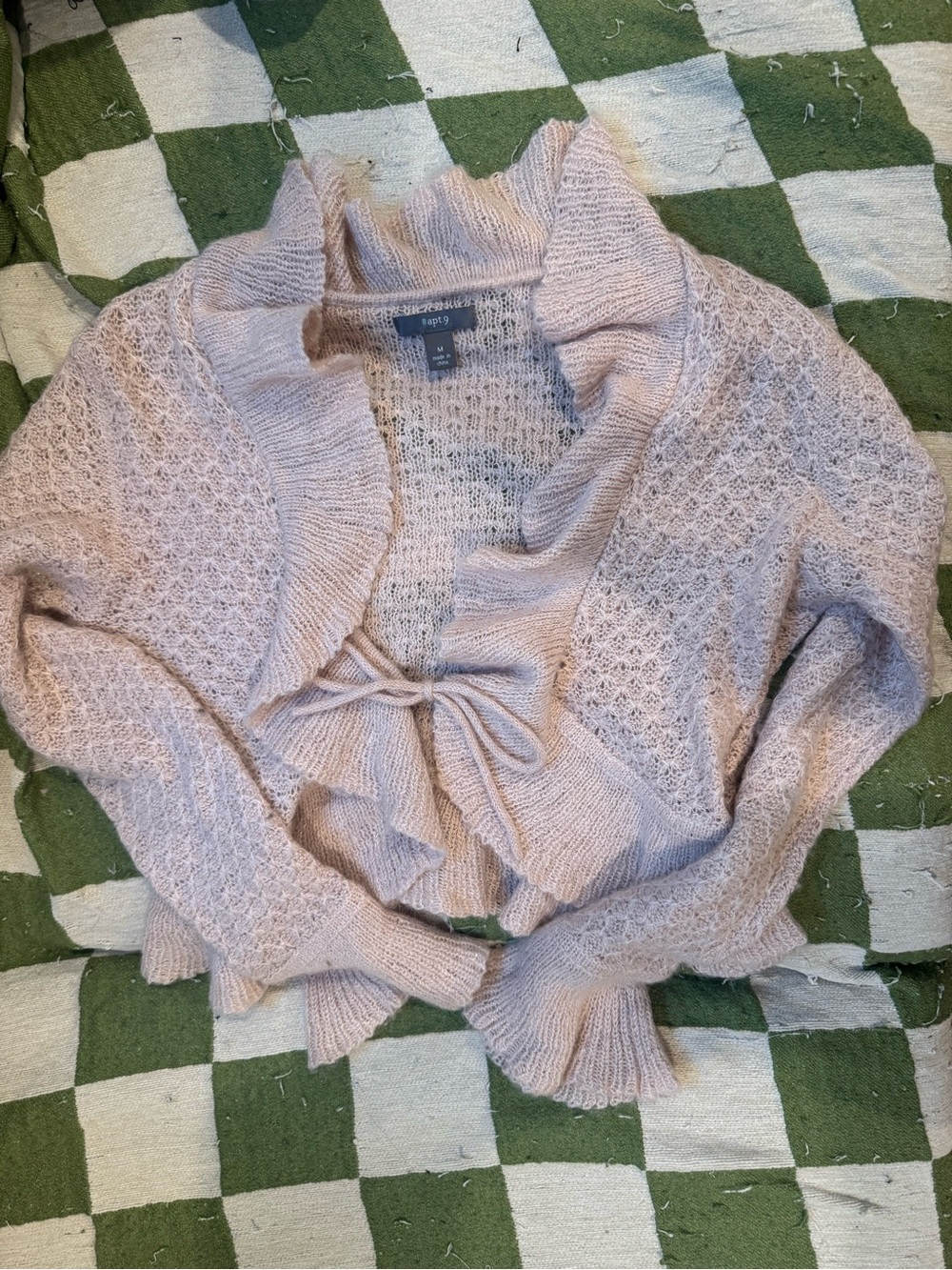 Tie-Front Ruffled Open-Knit Cropped Cardigan - Pale Pink